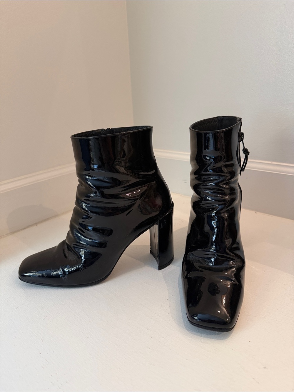 Stuart Weitzman Black Patent Ruched Block Heel Ankle Boots